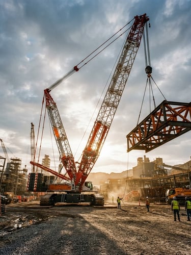 Low-angle wide shot of a massive crawler crane lifting heavy steel structures on an industrial site, dramatic early morning sun casting long shadows, high-contrast charcoal and safety-orange tones, 35mm