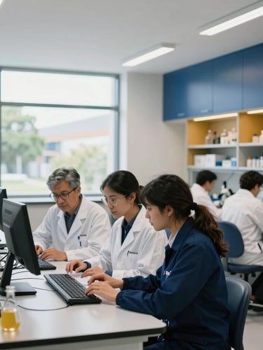 Wide shot of a modern university research lab in Latin America, clean architecture, natural window daylight, scientists collaborating on a digital project, deep blue and gold accents, professional corporate setting, shallow depth of field, 35mm