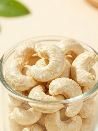 Macro eye-level portrait of pristine whole cashews in an elegant minimalist glass jar, soft natural daylight, cream background.