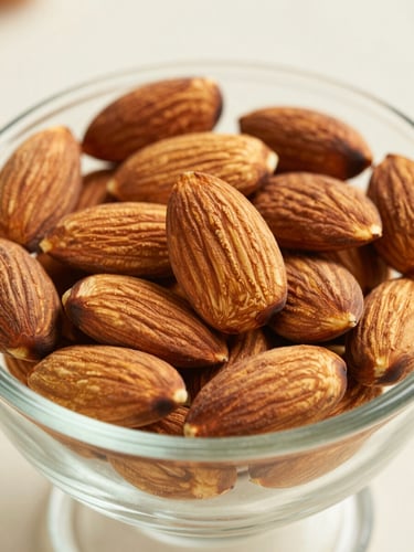 Macro eye-level portrait of whole, unbroken almonds in an elegant glass vessel under soft natural daylight, off-white background.