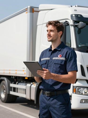 A professional Turkish logistics crew member in a clean branded uniform, holding a digital tablet next to modern cargo, bright daylight, professional commercial photography, sharp focus.