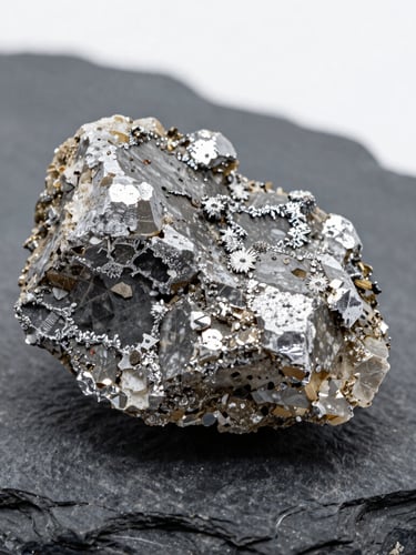 Macro photographic shot of a mineralized quartz core sample showing bright metallic silver sulfide veins, resting on a dark slate work surface under clean, high-contrast natural daylight, razor-sharp focus on rock textures.