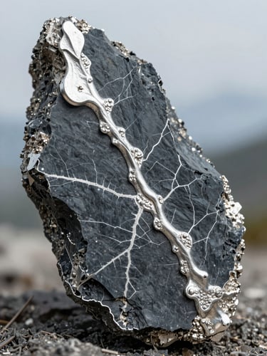 Macro shot of high-resolution mineralized silver core sample with visible native silver veins, sharp focus, cool slate and silver tones