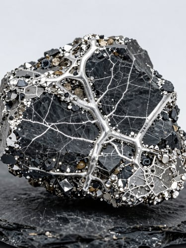 Macro photograph of a high-grade silver mineralized core sample, rich metallic veins cutting through dark slate rock, sharp focus, studio lighting.