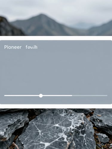 A high-impact video player placeholder overlay on a rugged mountain terrain of the Pioneer property, cool slate tones, sharp focus, 35mm lens.