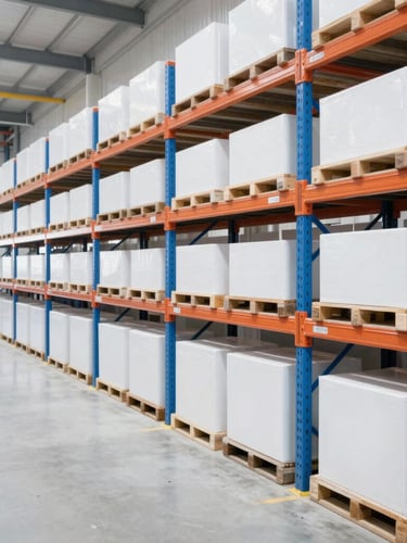 Bright high-key industrial photography, clean organized warehouse interior, rows of high shelving, crisp natural daylight, sharp focus, 35mm