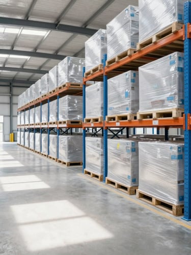 Bright environmental shot of a modern clean distribution warehouse interior, organized staging bays, natural daylight, sharp focus, 35mm