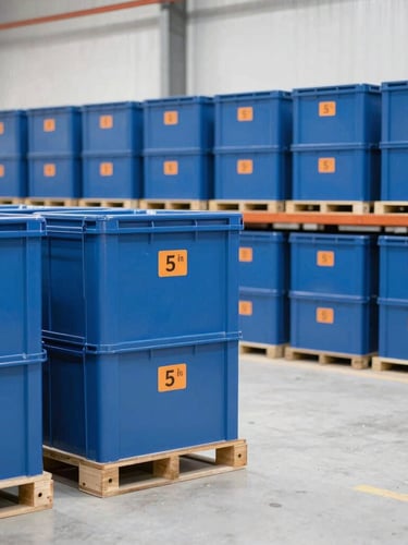 Bright high-key industrial photography, clean organized warehouse interior with blue and orange labeled crates, crisp natural daylight, sharp focus, 35mm