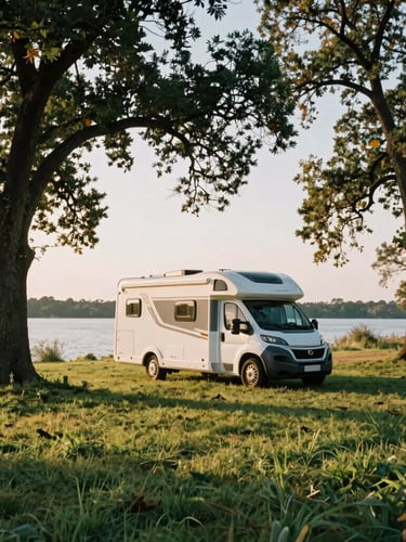 A modern motorhome parked in a wide grassy campsite under massive oak trees, soft golden hour sunlight filtering through leaves