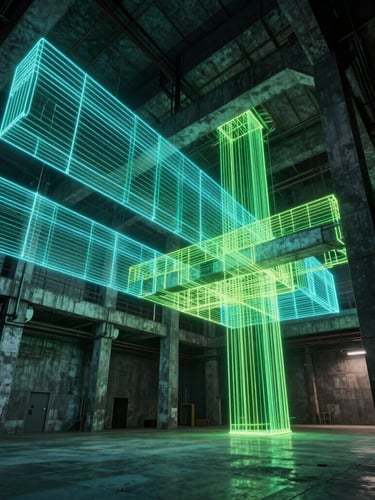 Ultra-wide cinematic in-engine view of a dark industrial arena, neon cyan and volt green wireframe lines tracing the concrete geometry, high-contrast backlighting
