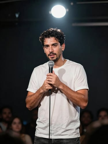 Giovanni Cotorrap standing at a microphone on a small comedy club stage, harsh single spotlight from above, sweat visible, hands gesturing mid-bit, dark audience silhouettes at the edge of the frame