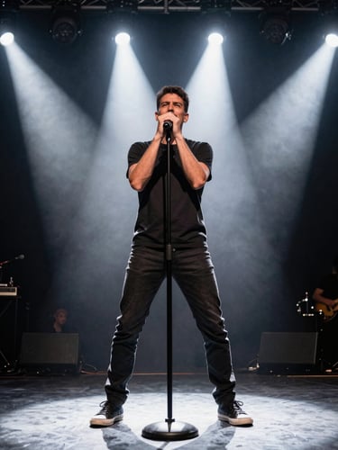 Wide stage shot from low angle, Giovanni standing at center stage microphone under harsh white performance spotlights, dark club background behind him, hands gripping mic stand, raw energy visible in body language