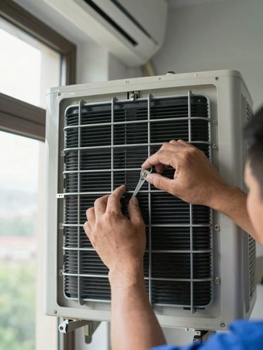 Close-up of a technician's hands inspecting the interior coil of a wall-mounted AC unit, natural daylight from a nearby window, metal housing open, subtle dust on fins visible, no face shown