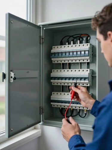 Wide shot of a residential electrical panel open for inspection, technician's hand holding a multimeter probe against a breaker terminal, overcast daylight through a side window, neutral wall in background