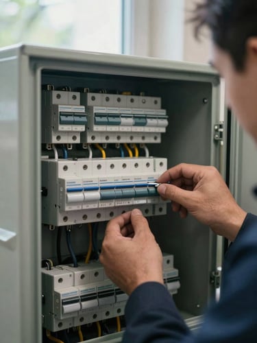 Close-up of a technician's hands working inside a residential electrical panel, natural daylight from a nearby window, wiring and breakers sharp in frame, no faces visible, metal surfaces catching soft morning light