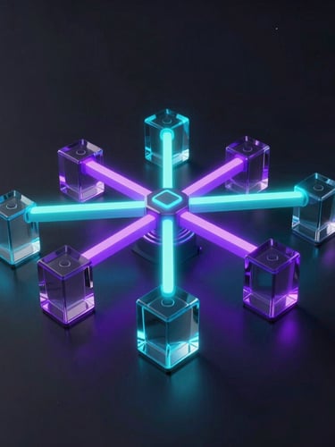 Sleek 3D render of a glowing network node structure with neon teal and violet light paths running through glass blocks, dark obsidian background, macro lens