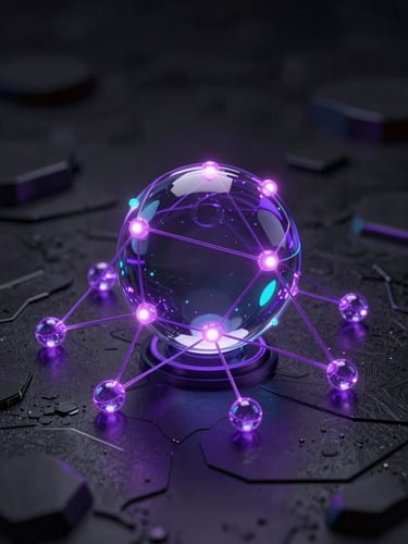 Futuristic 3D render of glowing violet network nodes connecting to a central glass sphere on a dark obsidian background, cinematic lighting