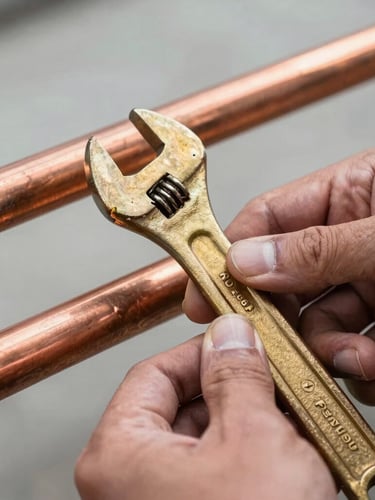 Tight macro shot of hands adjusting copper pipes with a brass wrench, natural daylight, unpolished authentic trade photography, 35mm