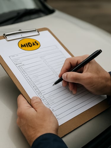 Close-up documentary shot of an assessor's hands holding a Midas assessment clipboard on a minibus bonnet, pen marking a checklist box, natural overcast daylight, vehicle bodywork visible in background