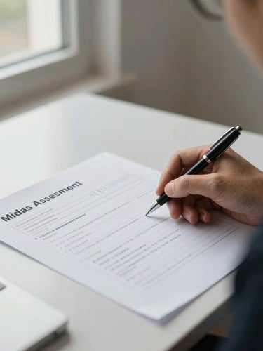 Close-up of a completed Midas assessment report on a desk, assessor's hand beside it, pen resting on paper, natural window light from the left, plain background