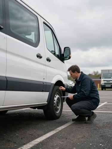 Wide documentary shot from the left side of a white minibus in a daylight car park, an assessor in a dark jacket crouching to inspect the rear wheel arch, clipboard resting on knee, overcast British sky above, no studio lighting