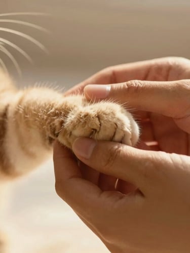 Close-up of a person gently holding a cat's paw, warm golden-hour light, soft focus on the hands, expressing deep connection and peaceful care.