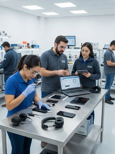Equipo de Nexo Mercado Digital revisando productos en un centro de control de calidad moderno, iluminación brillante, enfoque nítido, estilo comercial profesional.