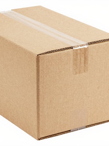 Crisp studio product photography of a securely sealed cardboard shipping box, bright high-key lighting, clean white background, sharp focus, professional commercial style