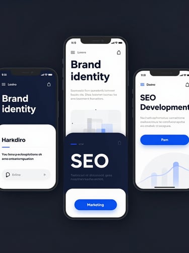 Wide overhead flat-lay on a large work table: brand identity sketches, typographic grids, printed color swatches, and an open laptop showing a website wireframe — bright even north-facing studio light, tools arranged with visible order, no people