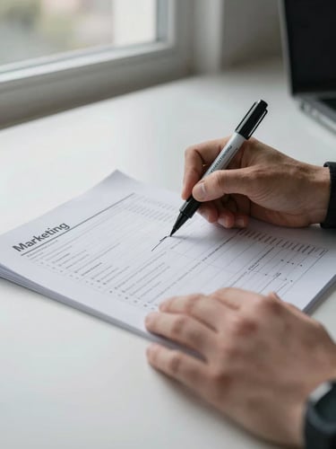 Close-up of hands annotating a printed strategy document on a wide desk, a uncapped marker resting on the page, overcast north-facing window light washing the workspace, visible columns of a marketing playbook template in the frame