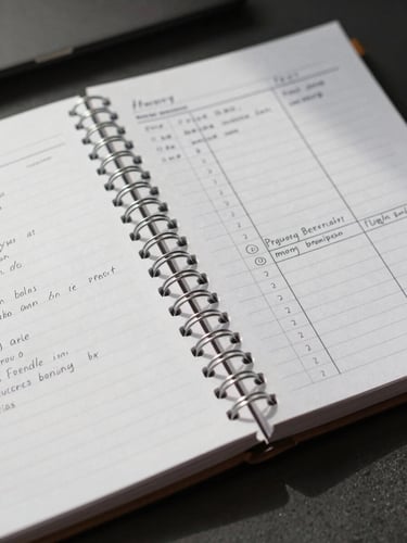 Close-up on an open spiral-bound playbook spread across a desk, annotated with handwritten margin notes, a strategy framework grid visible on the right page, north-facing daylight casting clean flat light across the paper surface