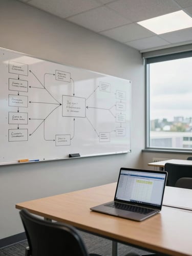 Wide shot of an empty strategy room, a long whiteboard covered in hand-drawn framework boxes and arrows on the left wall, an open laptop showing a spreadsheet on the table, overcast north-facing daylight through large windows, no people present