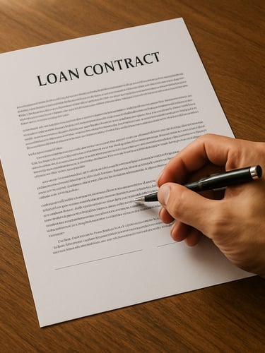 Close-up overhead flat-lay of a printed loan contract on a wooden desk, a hand with a pen poised over a clause, natural window light from the left, organized papers visible at the edges