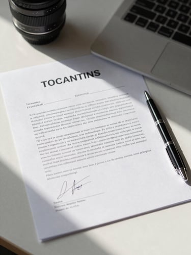 Close-up overhead flat-lay of a signed contract on a clean desk, pen resting beside it, natural daylight from the left, crisp shadows on white paper, Tocantins business office context