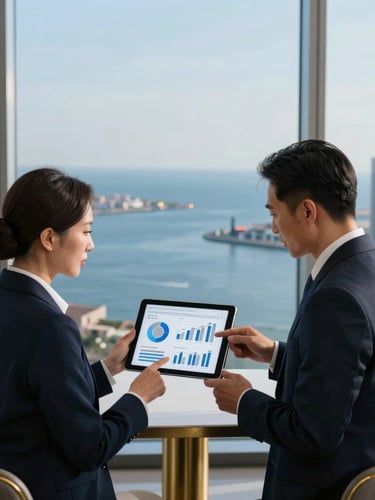 Wide portrait of two corporate executives analyzing trade data on a tablet in a high-rise office overlooking a deep blue harbor, cool morning light, champagne gold accents