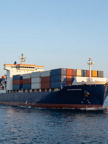 Wide panoramic view of a modern high-tech container vessel navigating calm blue waters during golden hour, sharp architectural lines, premium corporate lighting