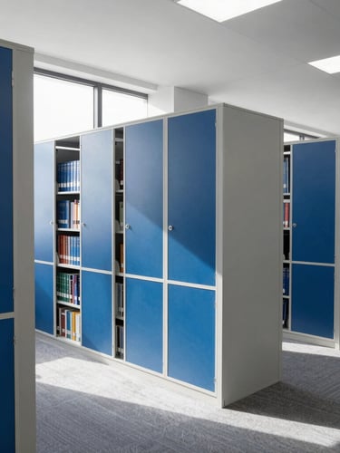 Interior of a modern, organized public administration archive or high-end legal office, clean glass partitions, natural light, professional blue and gray tones, sharp focus, 35mm