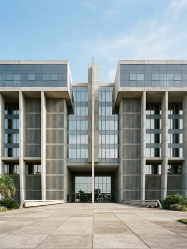 Symmetric architectural photography of a modern Brazilian civic building facade, clean concrete and glass, bright natural daylight, slate gray tones, sharp focus, 35mm