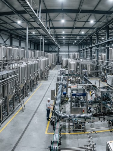 Wide panoramic shot of pristine stainless steel vats and automated packaging lines under bright, even industrial facility lighting, cool metallic tones, expansive scale.