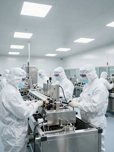 Wide angle shot of workers in full clean-room gear operating a pristine stainless steel packaging line under bright, even industrial lighting.