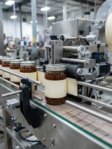 Macro shot of a high-speed automated labeling machine applying labels to glass jars on a stainless steel conveyor belt, crisp facility lighting, cool metallic tones.