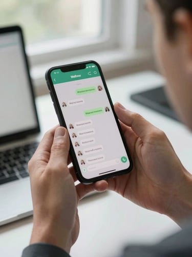 Close-up of hands holding a smartphone showing a Wellvox patient conversation thread on WhatsApp, provider's desk visible in soft background, natural window light, documentary feel