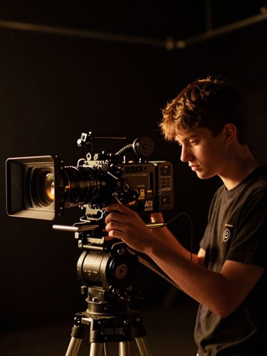 Cinematic film photography of a student operating an Arri Alexa camera on a dark soundstage, dramatic low-key lighting, gold rim highlights, 35mm anamorphic