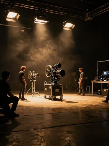 Dramatic low-key cinematic wide shot of a dark film studio soundstage with overhead lights, gold haze, crew members moving equipment, 35mm anamorphic