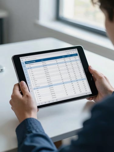 Over-the-shoulder medium shot of a church administrator using a modern tablet interface showing attendance charts, bright natural daylight through a window, clean organized desk, cool blue tint