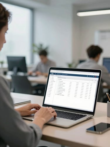 A church volunteer coordinator using a laptop in a bright modern administrative office, front-facing device mockup showing a clean database interface, natural cool lighting