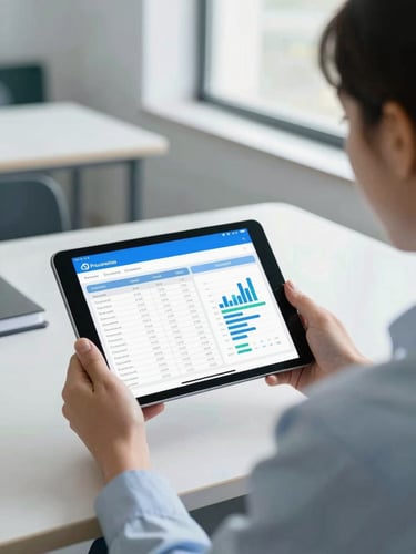 Over-the-shoulder shot of a school administrator in a bright office reviewing student attendance records on a tablet, displaying a clean blue-and-white dashboard interface with graphs. Bright natural daylight with a slight cool blue tint.
