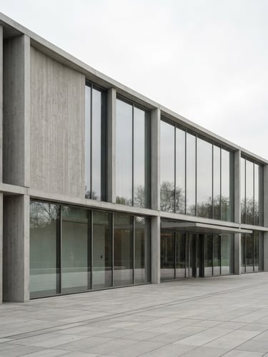 Wide architectural shot of a modern building facade with clean lines, concrete and glass, soft overcast daylight, sharp focus, minimalist composition.