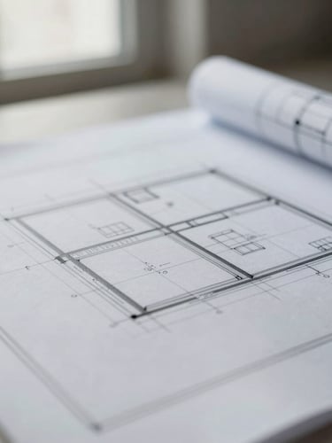 Close-up of a blueprint with architectural lines and details, soft natural light from a window, desaturated tones, sharp focus.