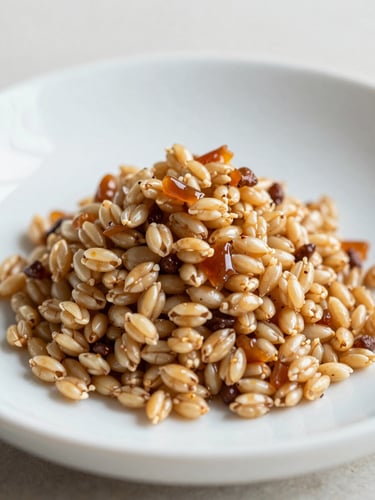 Refined editorial food photography, close-up of a meticulously plated heirloom grain dish, soft natural daylight, warm wheat and caramel tones, shallow depth of field, 35mm